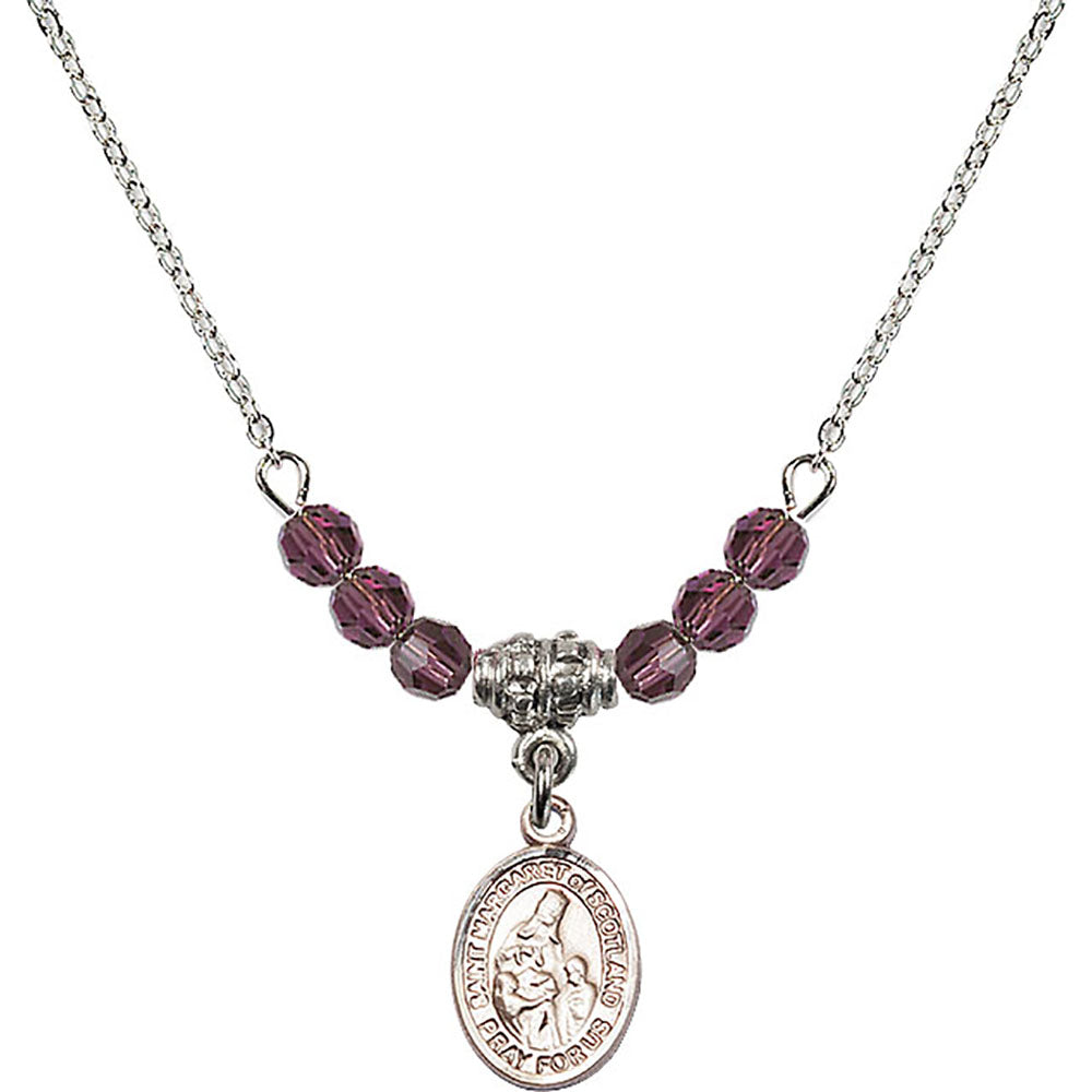 Sterling Silver Saint Margaret of Scotland Birthstone Necklace with Amethyst Beads - 9407