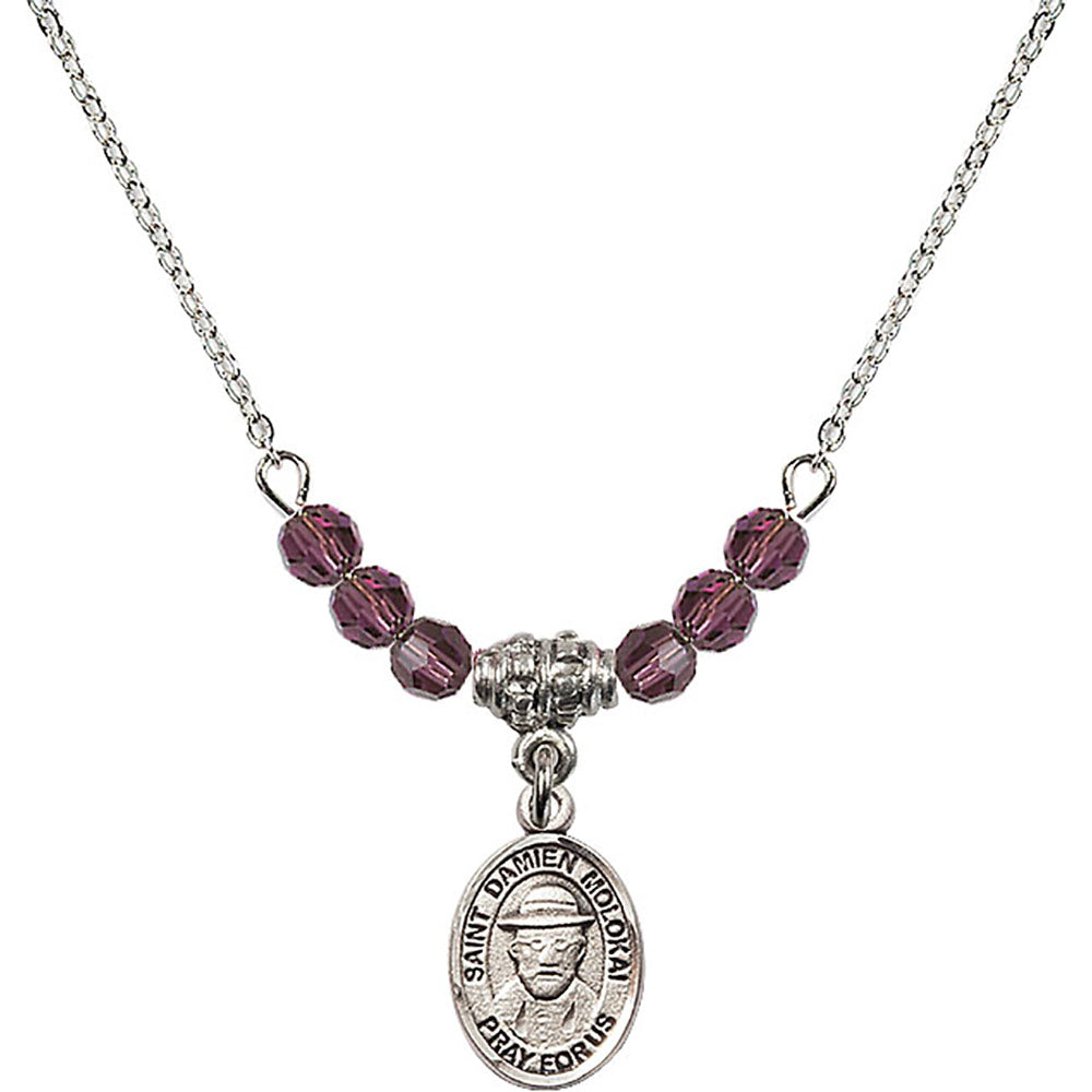 Sterling Silver Saint Damien of Molokai Birthstone Necklace with Amethyst Beads - 9412