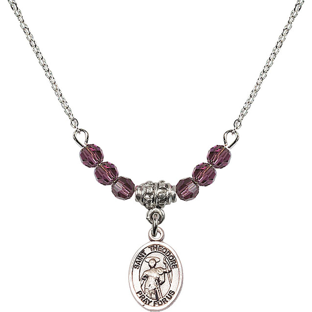 Sterling Silver Saint Theodore Stratelates Birthstone Necklace with Amethyst Beads - 9415