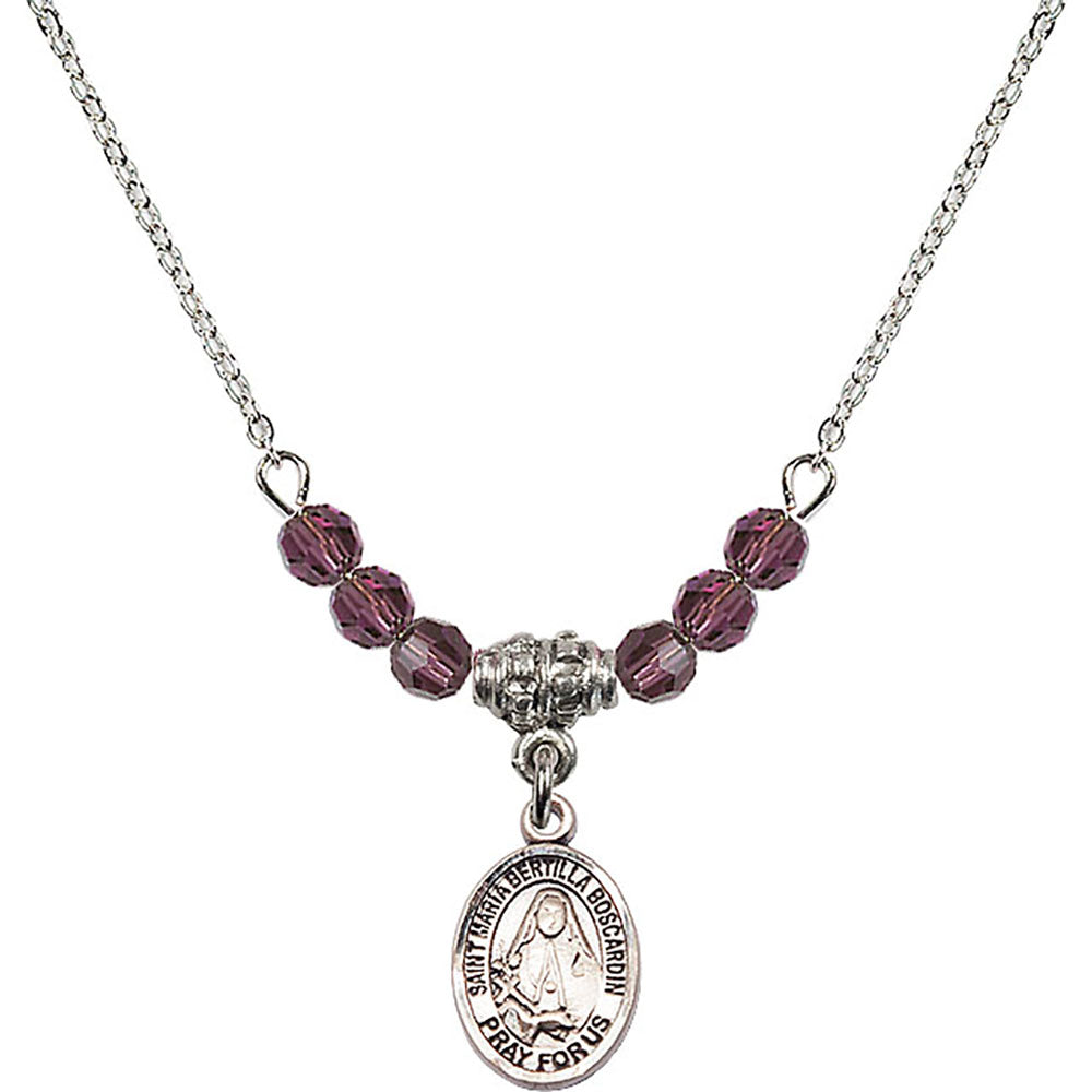 Sterling Silver Saint Maria Bertilla Boscardin Birthstone Necklace with Amethyst Beads - 9428