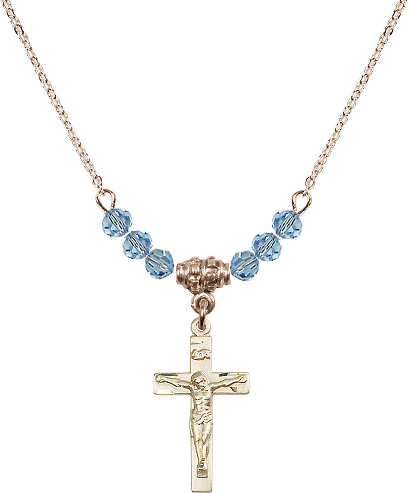 14kt Gold Filled Crucifix Birthstone Necklace with Aqua Beads - 0001