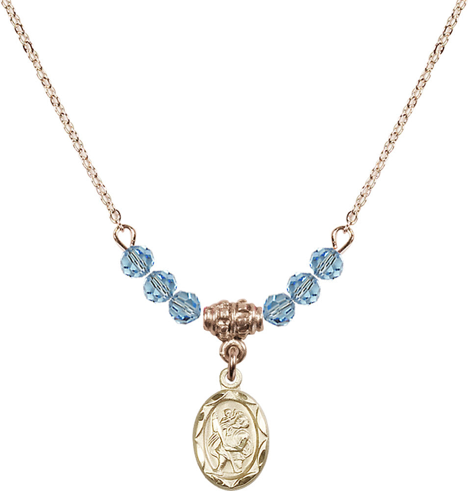 14kt Gold Filled Saint Christopher Birthstone Necklace with Aqua Beads - 0301