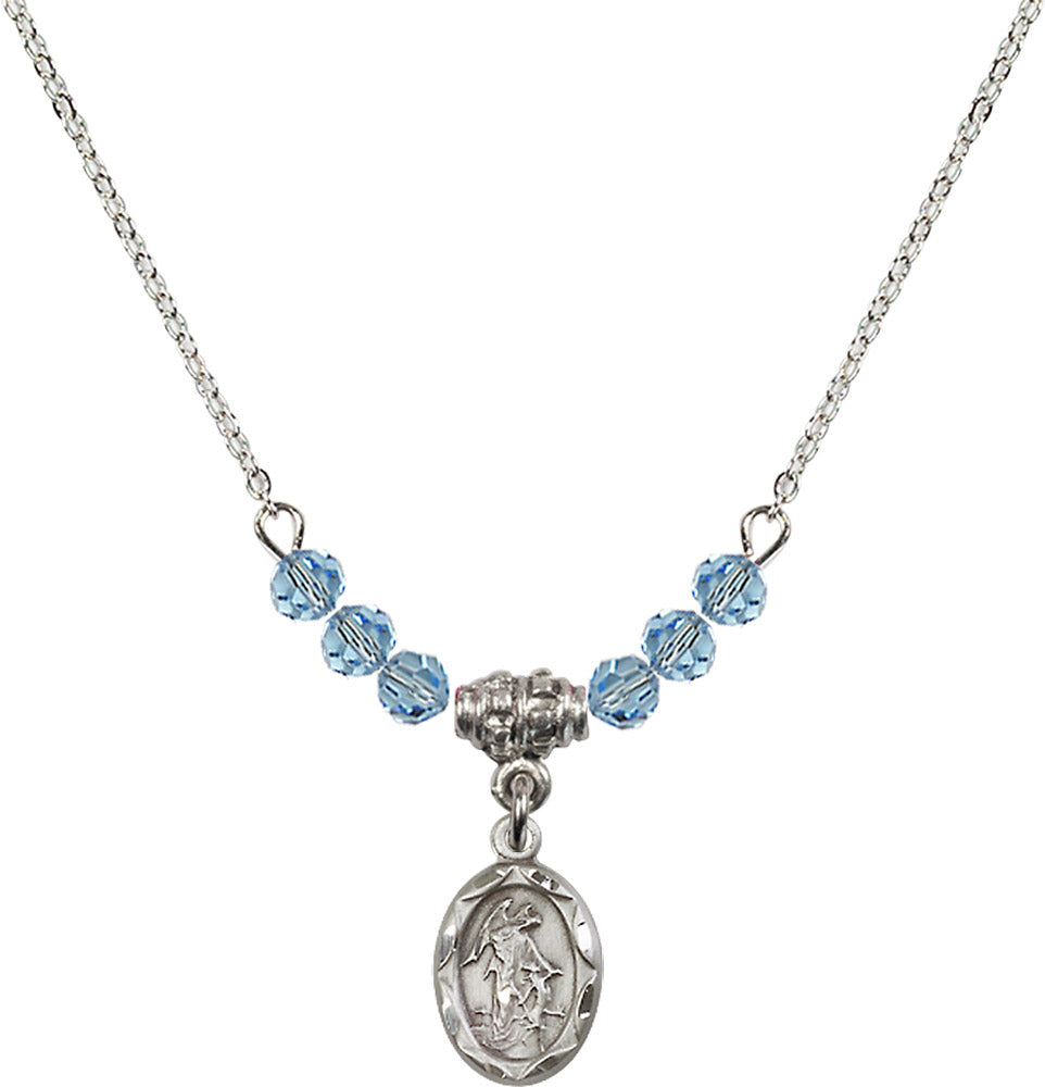 Sterling Silver Guardian Angel Birthstone Necklace with Aqua Beads - 0301