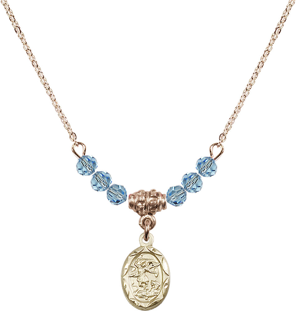 14kt Gold Filled Saint Michael the Archangel Birthstone Necklace with Aqua Beads - 0301