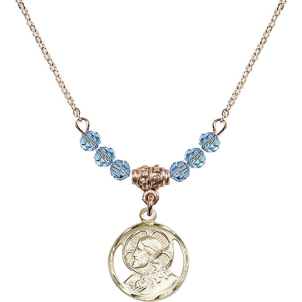 14kt Gold Filled Scapular Birthstone Necklace with Aqua Beads - 0611
