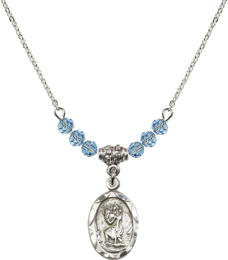 Sterling Silver Saint Christopher Birthstone Necklace with Aqua Beads - 0612