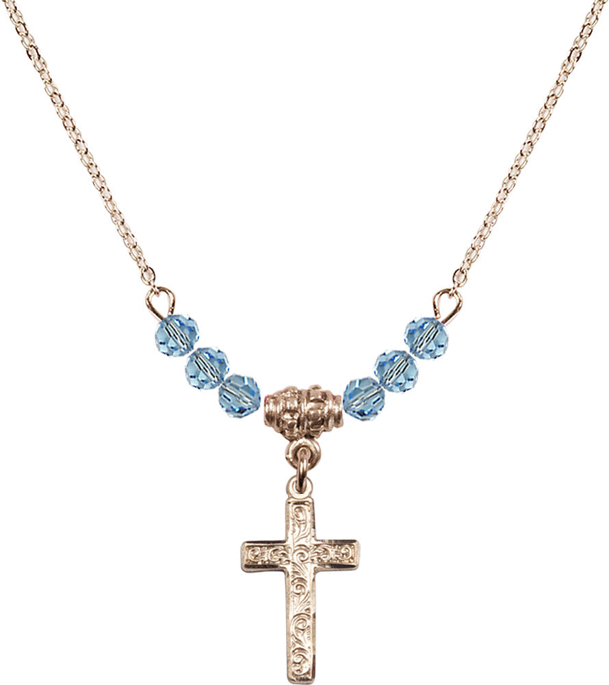 14kt Gold Filled Cross Birthstone Necklace with Aqua Beads - 0672