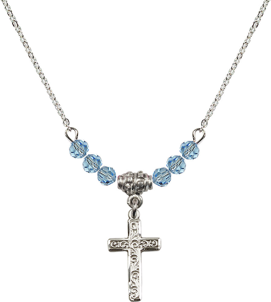 Sterling Silver Cross Birthstone Necklace with Aqua Beads - 0672