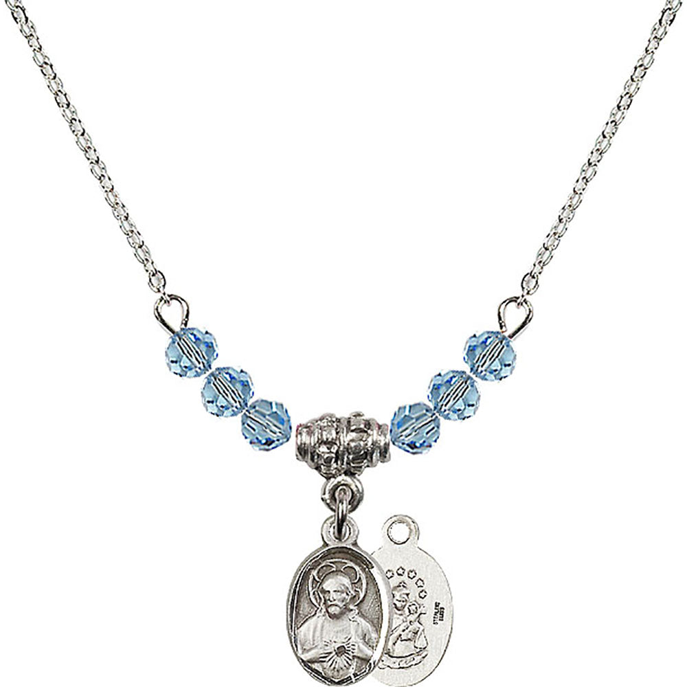 Sterling Silver Scapular Birthstone Necklace with Aqua Beads - 0702
