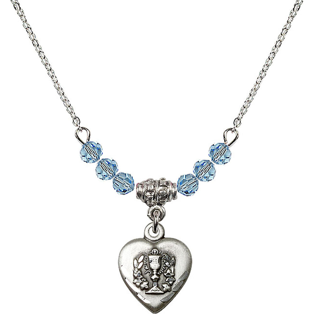 Sterling Silver Heart / Communion Birthstone Necklace with Aqua Beads - 0892