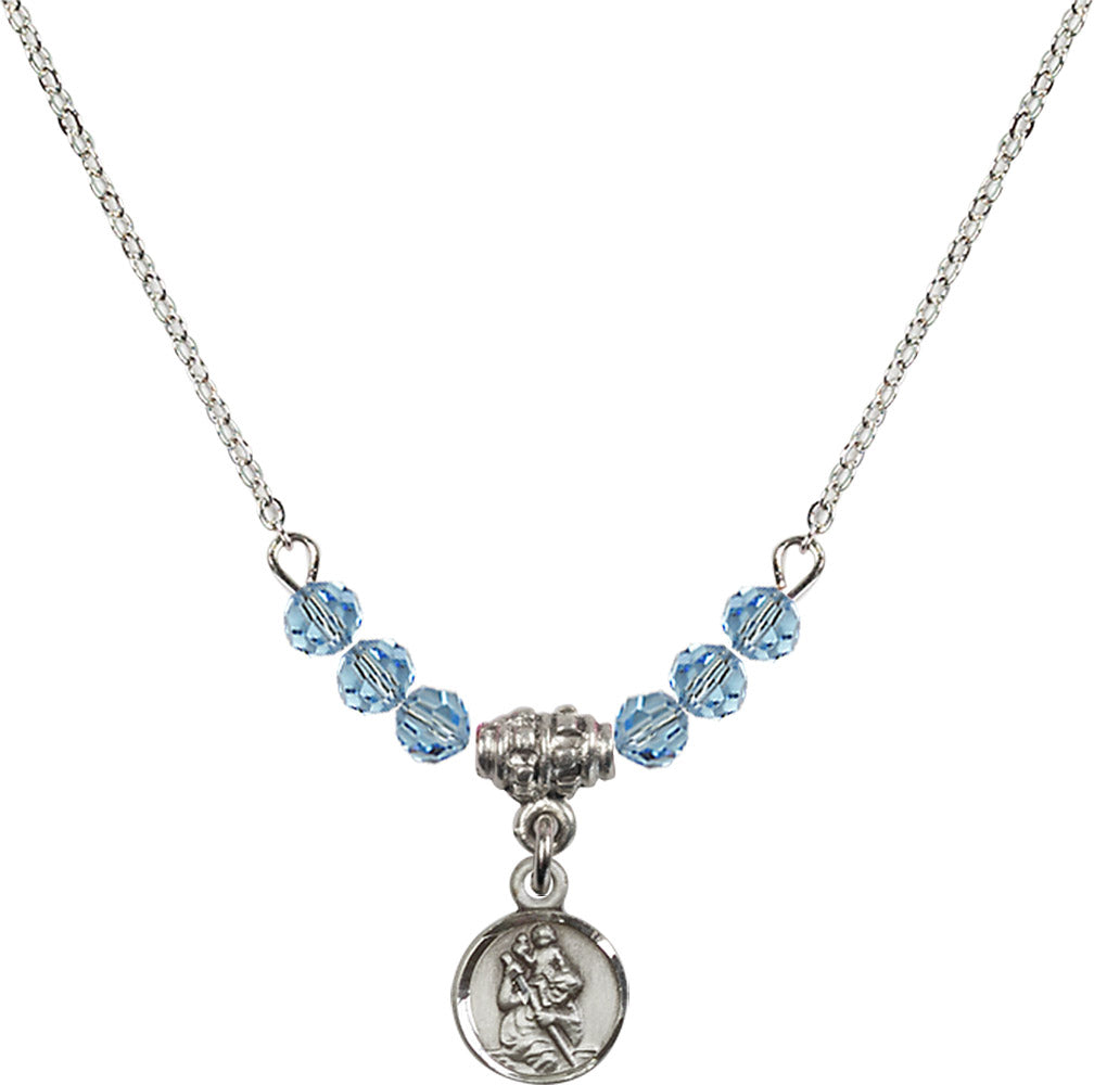Sterling Silver Saint Christopher Birthstone Necklace with Aqua Beads - 2343
