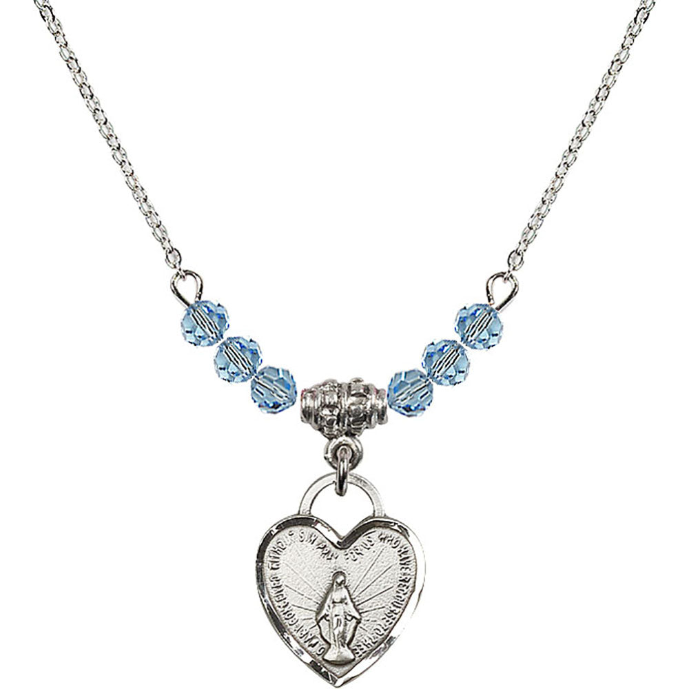 Sterling Silver Miraculous Heart Birthstone Necklace with Aqua Beads - 3401