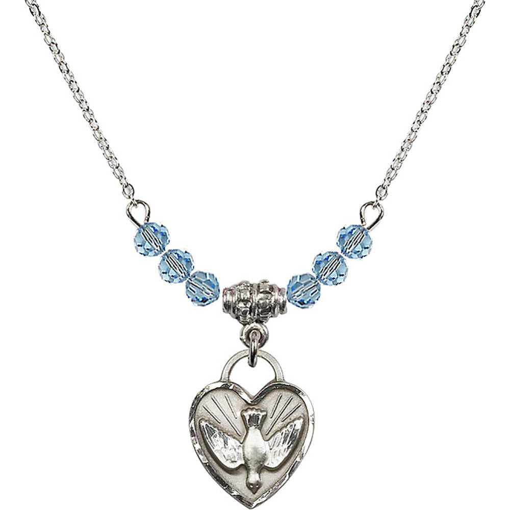 Sterling Silver Confirmation Heart Birthstone Necklace with Aqua Beads - 3405