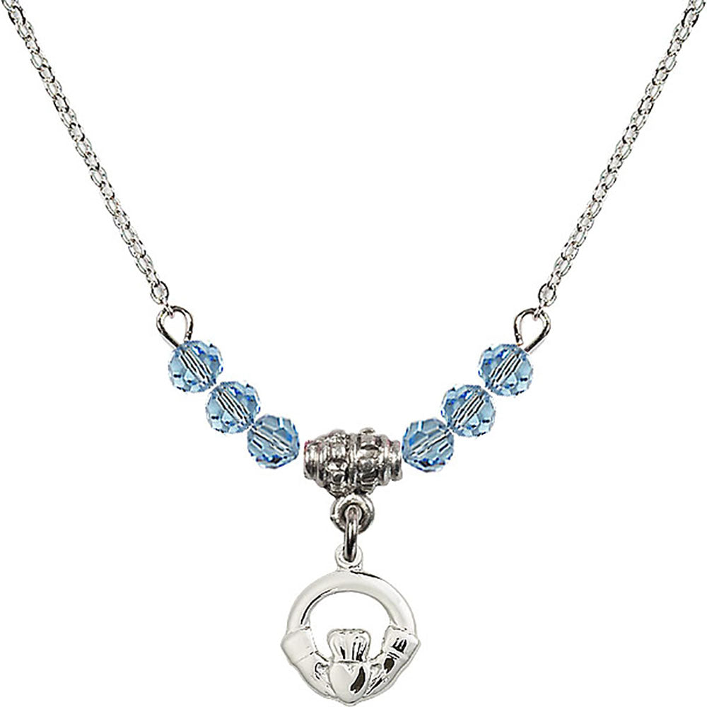 Sterling Silver Claddagh Birthstone Necklace with Aqua Beads - 4113