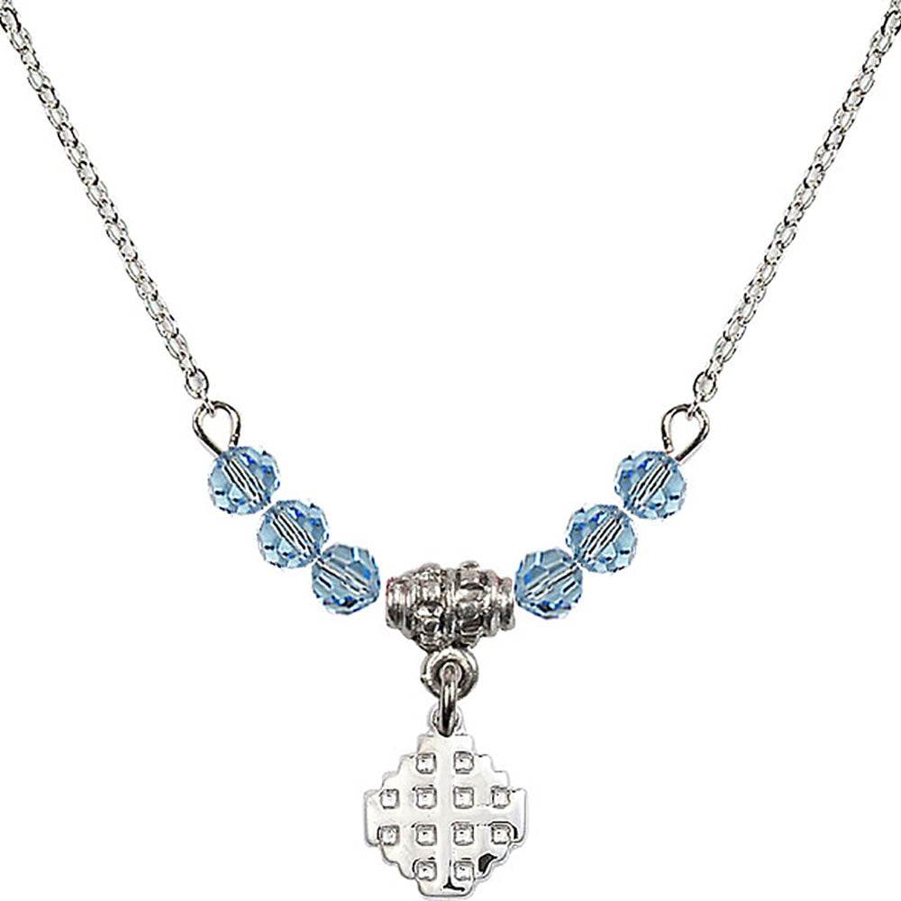 Sterling Silver Jerusalem Cross Birthstone Necklace with Aqua Beads - 4118