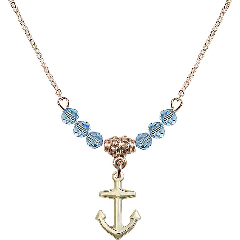 14kt Gold Filled Anchor Birthstone Necklace with Aqua Beads - 4158