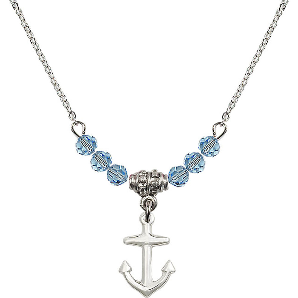 Sterling Silver Anchor Birthstone Necklace with Aqua Beads - 4158