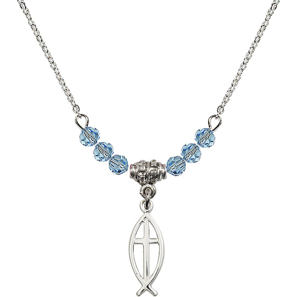 Sterling Silver Fish / Cross Birthstone Necklace with Aqua Beads - 4251