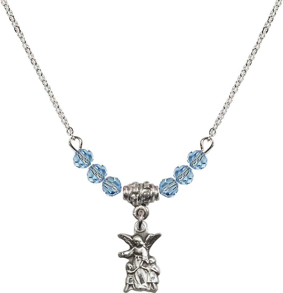 Sterling Silver Guardian Angel Birthstone Necklace with Aqua Beads - 4253