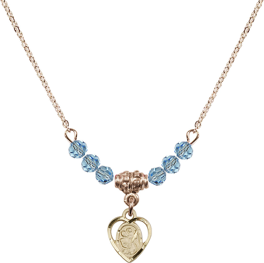 14kt Gold Filled Saint Christopher Birthstone Necklace with Aqua Beads - 5403
