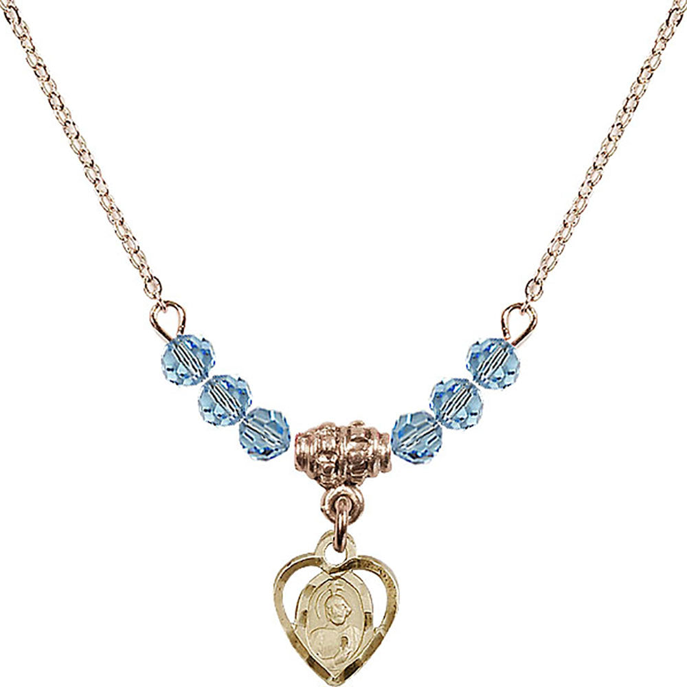 14kt Gold Filled Saint Jude Birthstone Necklace with Aqua Beads - 5404