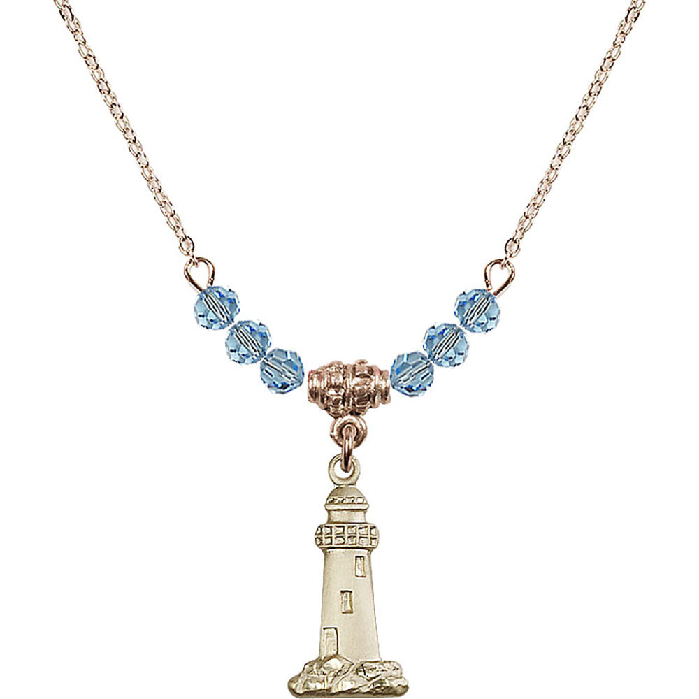 14kt Gold Filled Lighthouse Birthstone Necklace with Aqua Beads - 5922