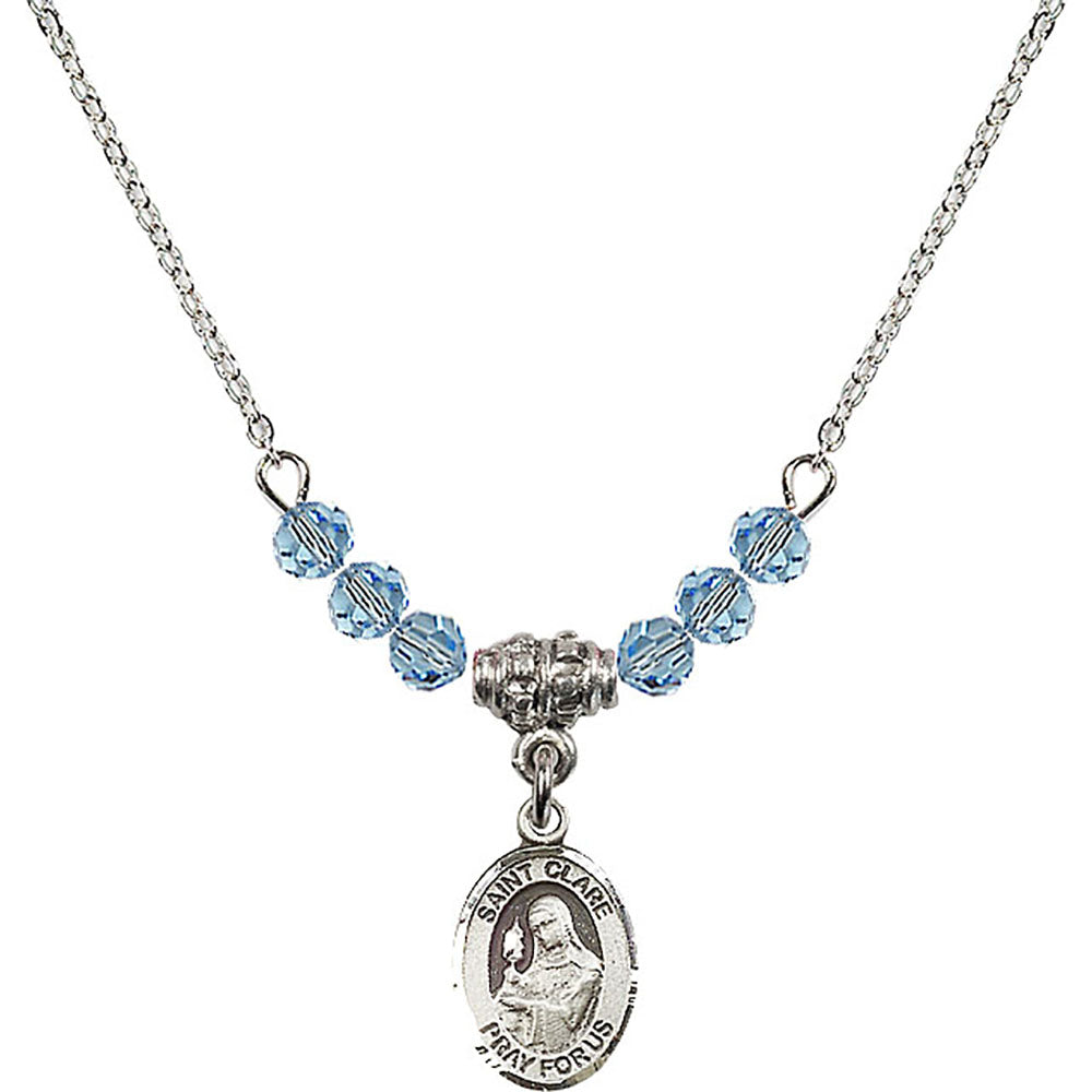 Sterling Silver Saint Clare of Assisi Birthstone Necklace with Aqua Beads - 9028
