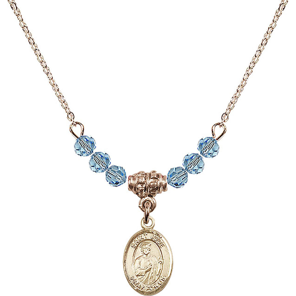 14kt Gold Filled Saint Jude Thaddeus Birthstone Necklace with Aqua Beads - 9060