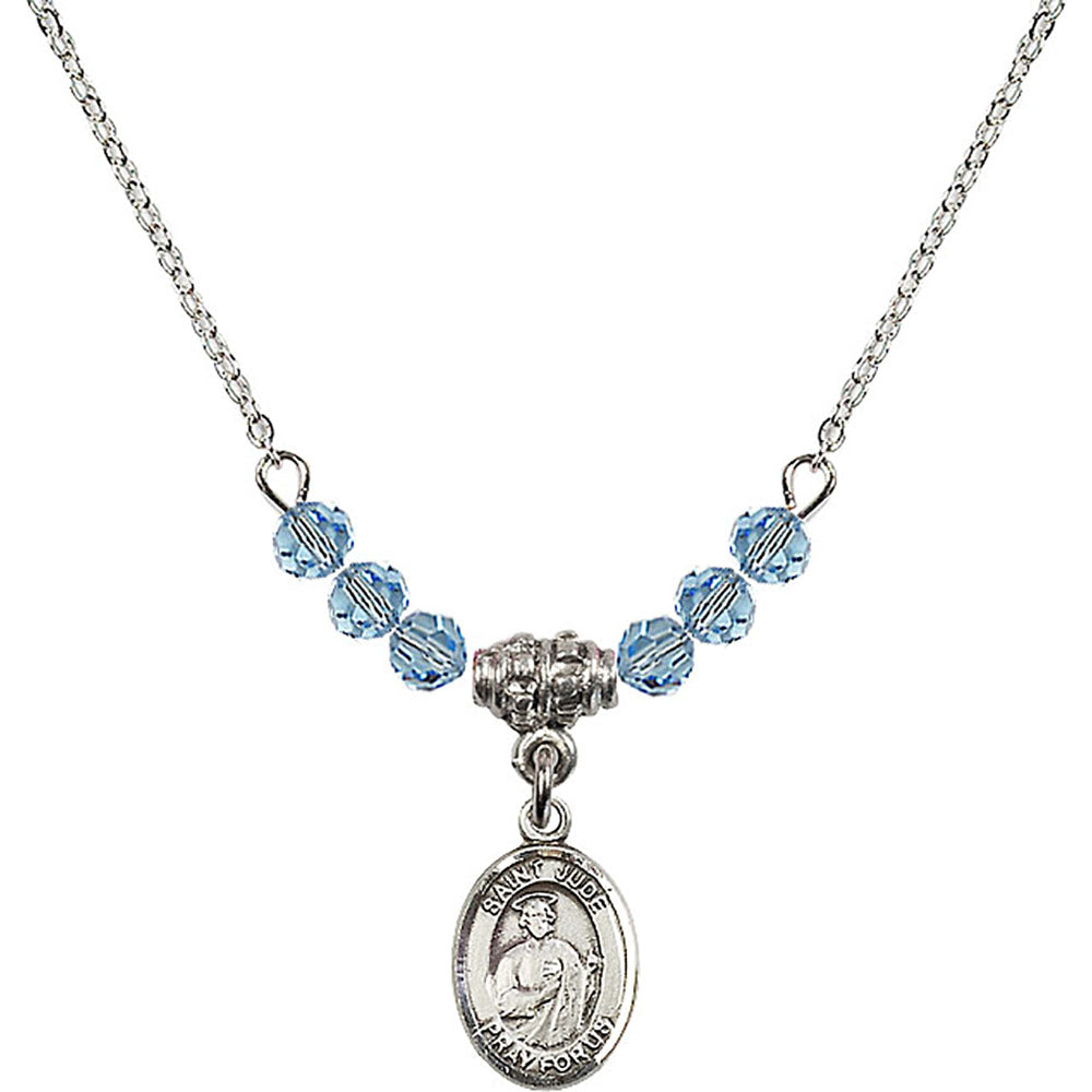 Sterling Silver Saint Jude Thaddeus Birthstone Necklace with Aqua Beads - 9060