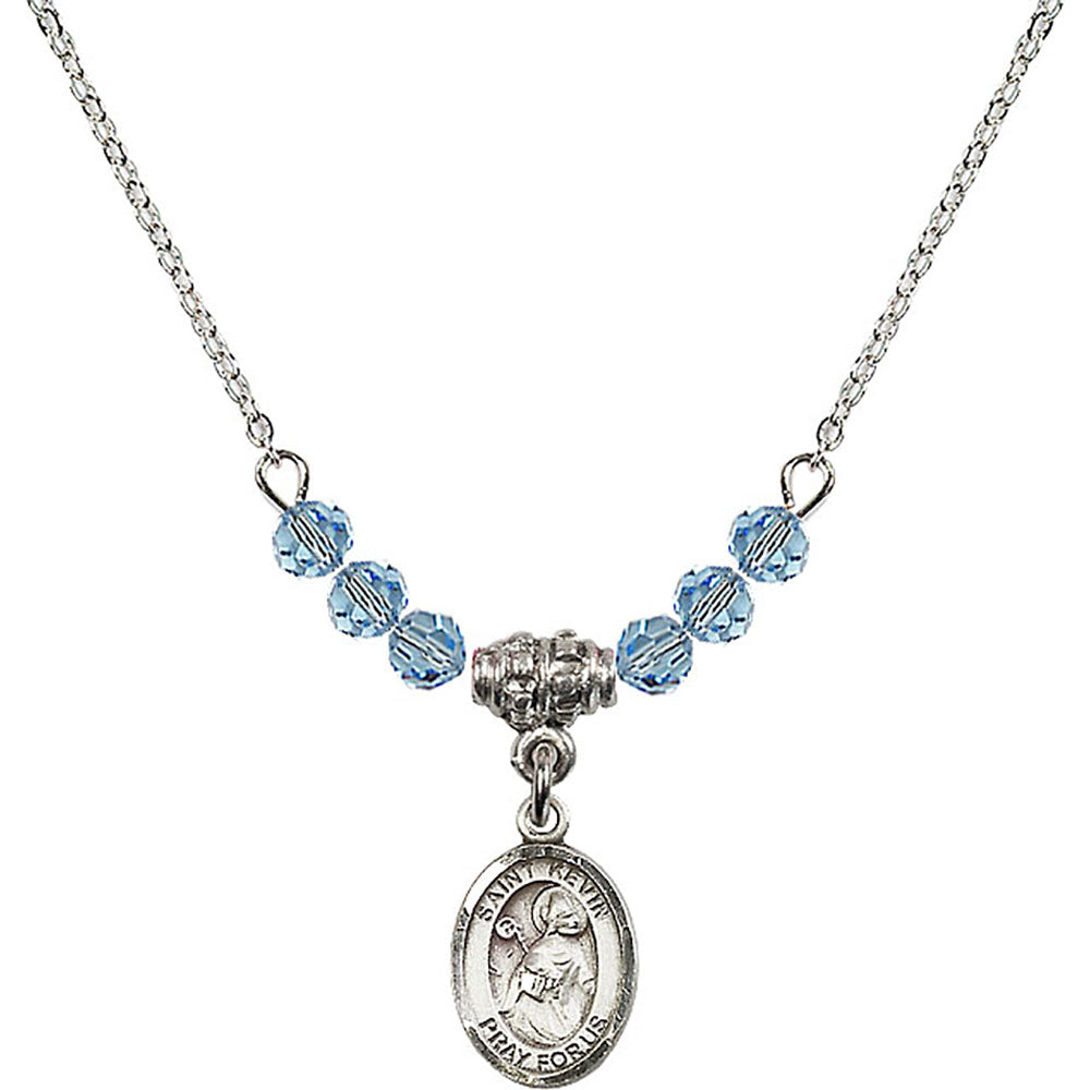 Sterling Silver Saint Kevin Birthstone Necklace with Aqua Beads - 9062