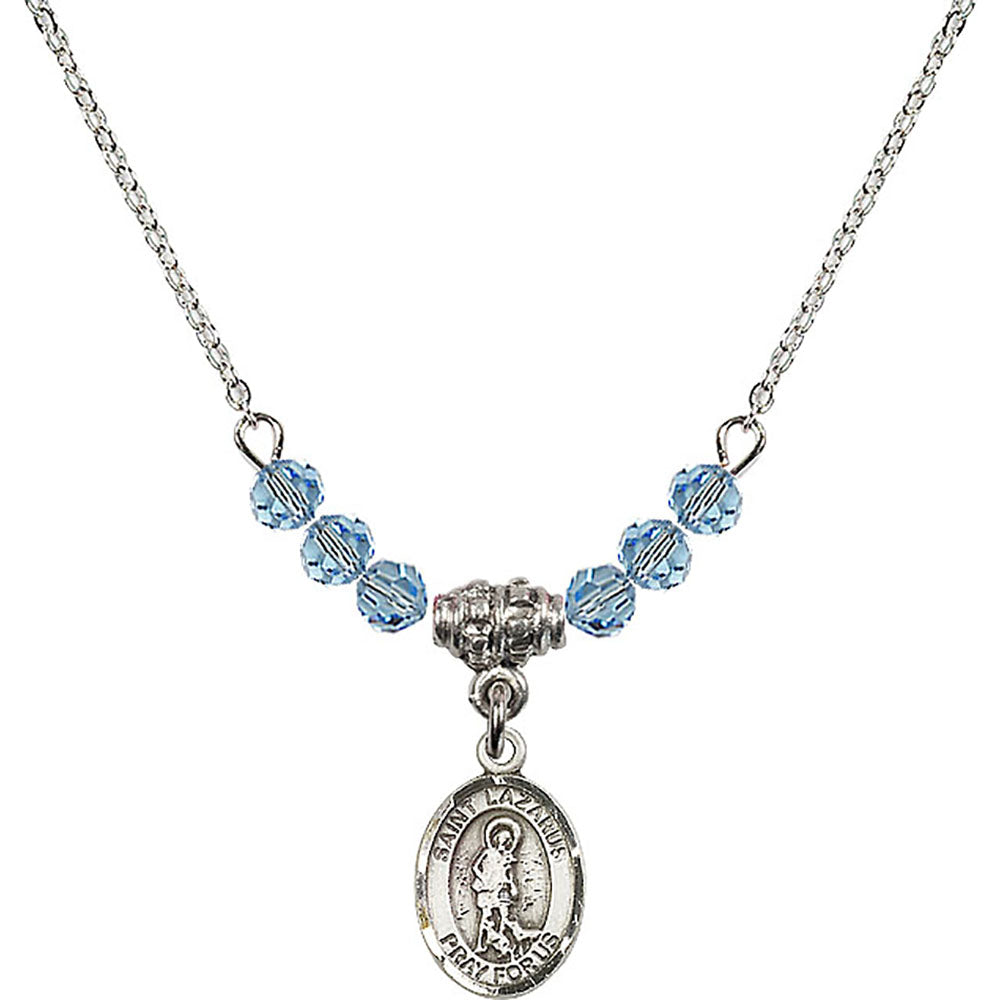 Sterling Silver Saint Lazarus Birthstone Necklace with Aqua Beads - 9066