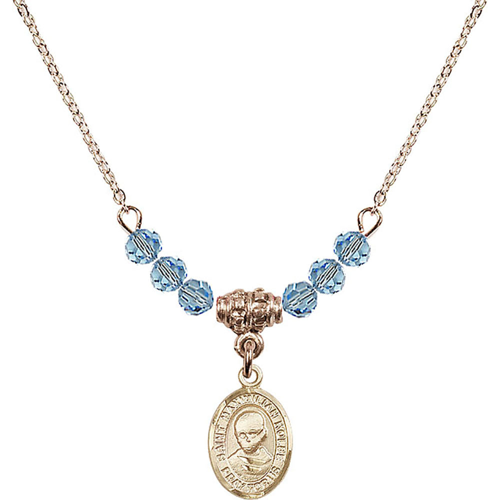 14kt Gold Filled Saint Maximilian Kolbe Birthstone Necklace with Aqua Beads - 9073
