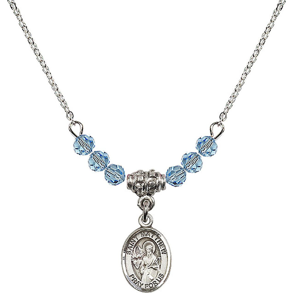 Sterling Silver Saint Matthew the Apostle Birthstone Necklace with Aqua Beads - 9074