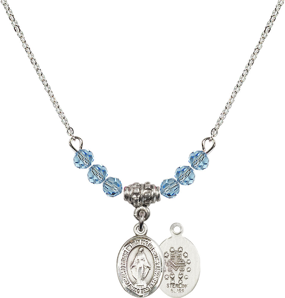 Sterling Silver Miraculous Birthstone Necklace with Aqua Beads - 9078