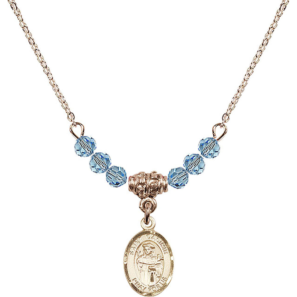 14kt Gold Filled Saint Casimir of Poland Birthstone Necklace with Aqua Beads - 9113