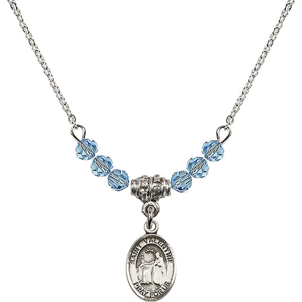Sterling Silver Saint Valentine of Rome Birthstone Necklace with Aqua Beads - 9121