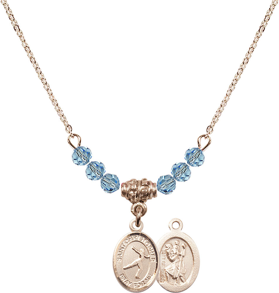 14kt Gold Filled Saint Christopher/Figure Skating Birthstone Necklace with Aqua Beads - 9139