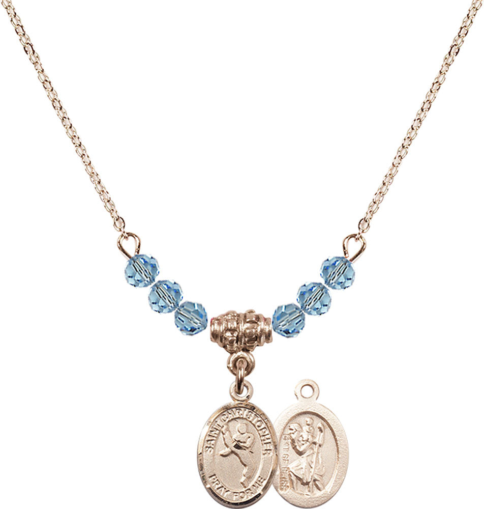 14kt Gold Filled Saint Christopher/Martial Arts Birthstone Necklace with Aqua Beads - 9158