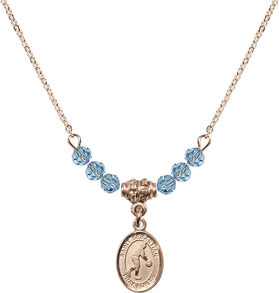 14kt Gold Filled Saint Sebastian/Basketball Birthstone Necklace with Aqua Beads - 9163
