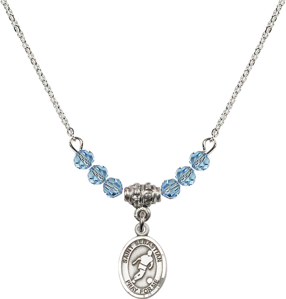 Sterling Silver Saint Sebastian/Soccer Birthstone Necklace with Aqua Beads - 9164