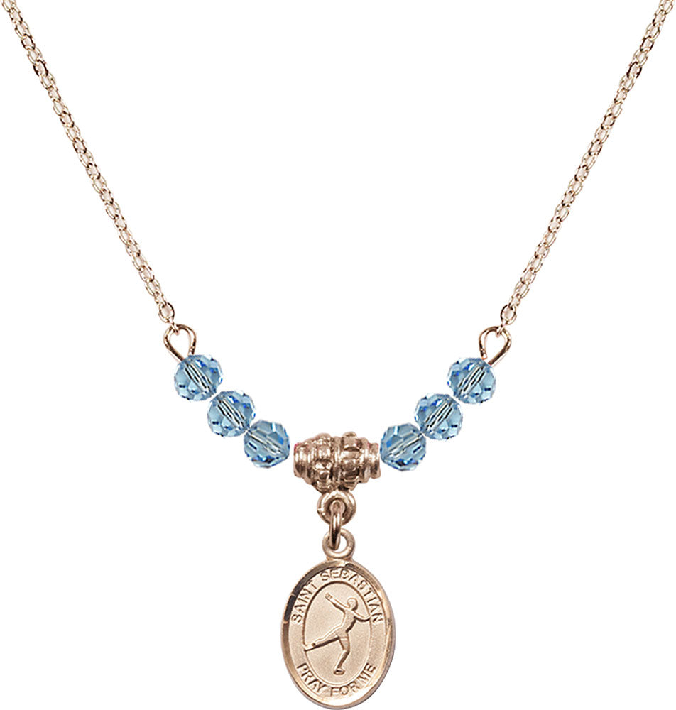 14kt Gold Filled Saint Sebastian/Figure Skating Birthstone Necklace with Aqua Beads - 9177