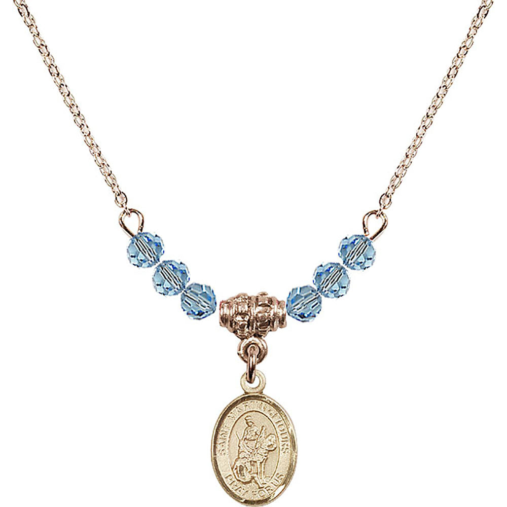 14kt Gold Filled Saint Martin of Tours Birthstone Necklace with Aqua Beads - 9200