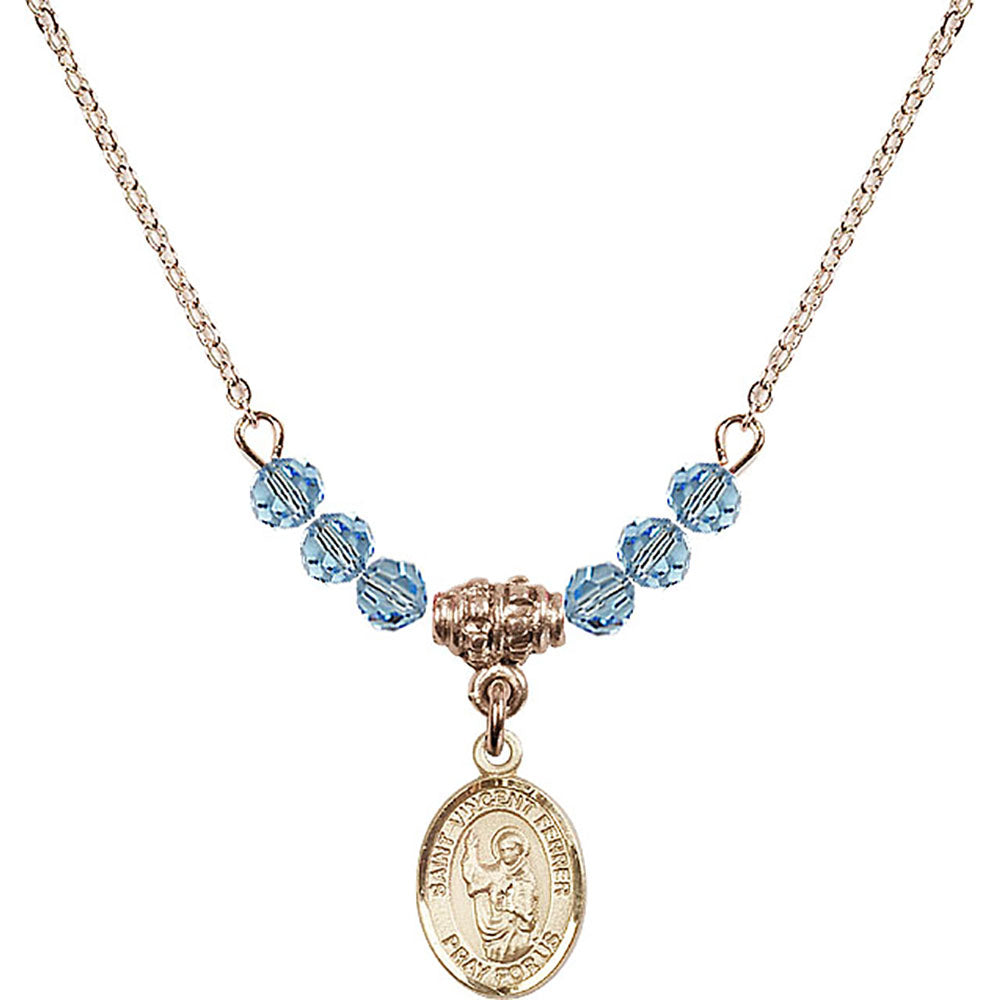 14kt Gold Filled Saint Vincent Ferrer Birthstone Necklace with Aqua Beads - 9201