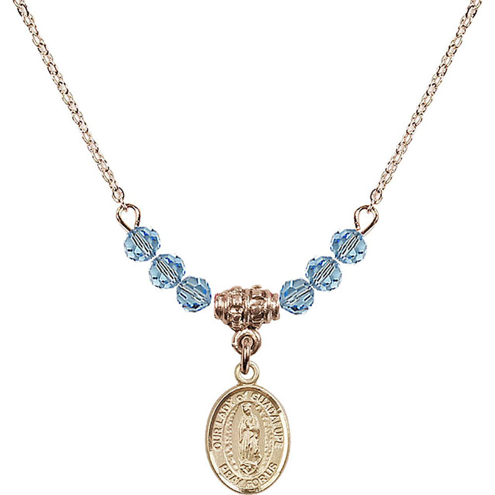 14kt Gold Filled Our Lady of Guadalupe Birthstone Necklace with Aqua Beads - 9206