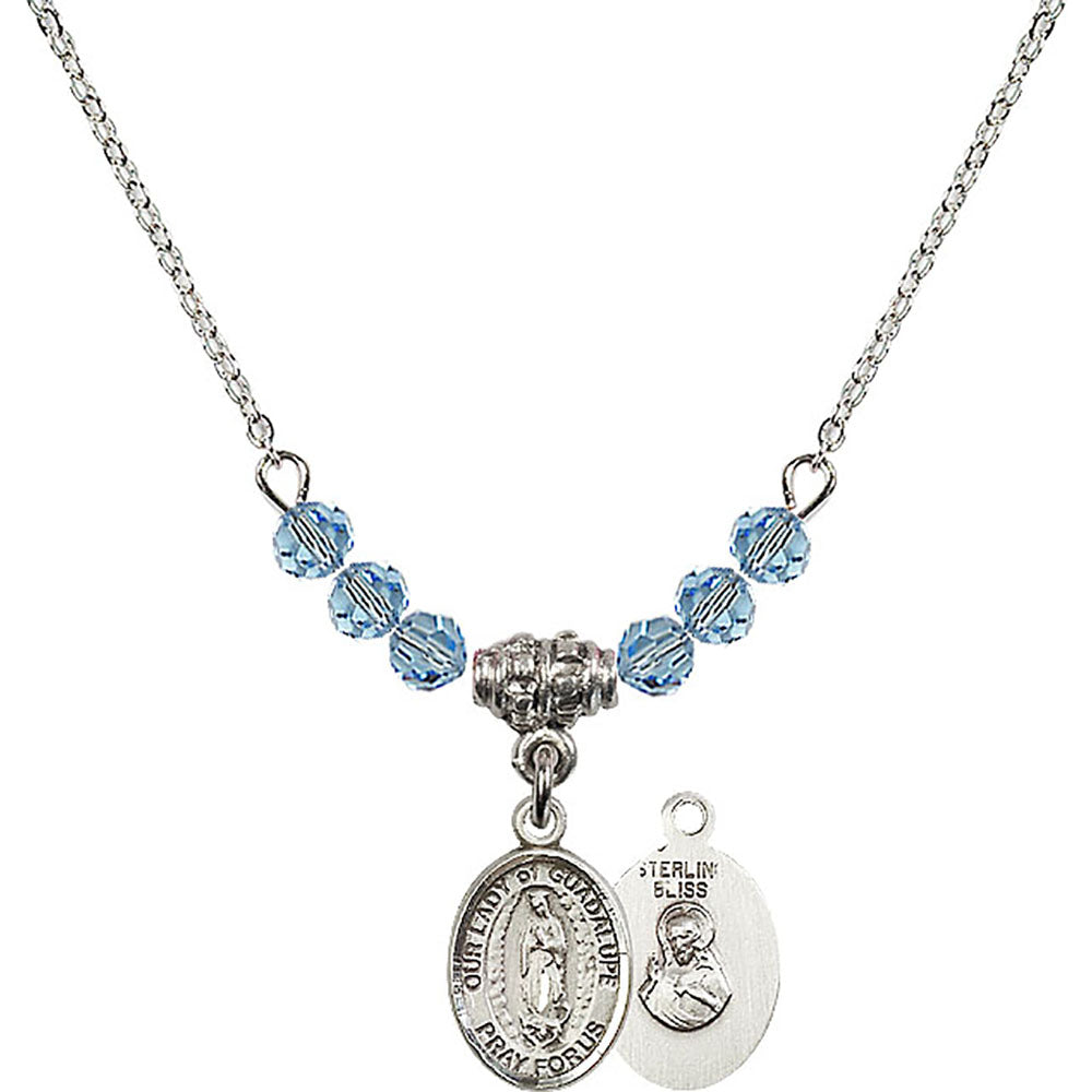 Sterling Silver Our Lady of Guadalupe Birthstone Necklace with Aqua Beads - 9206