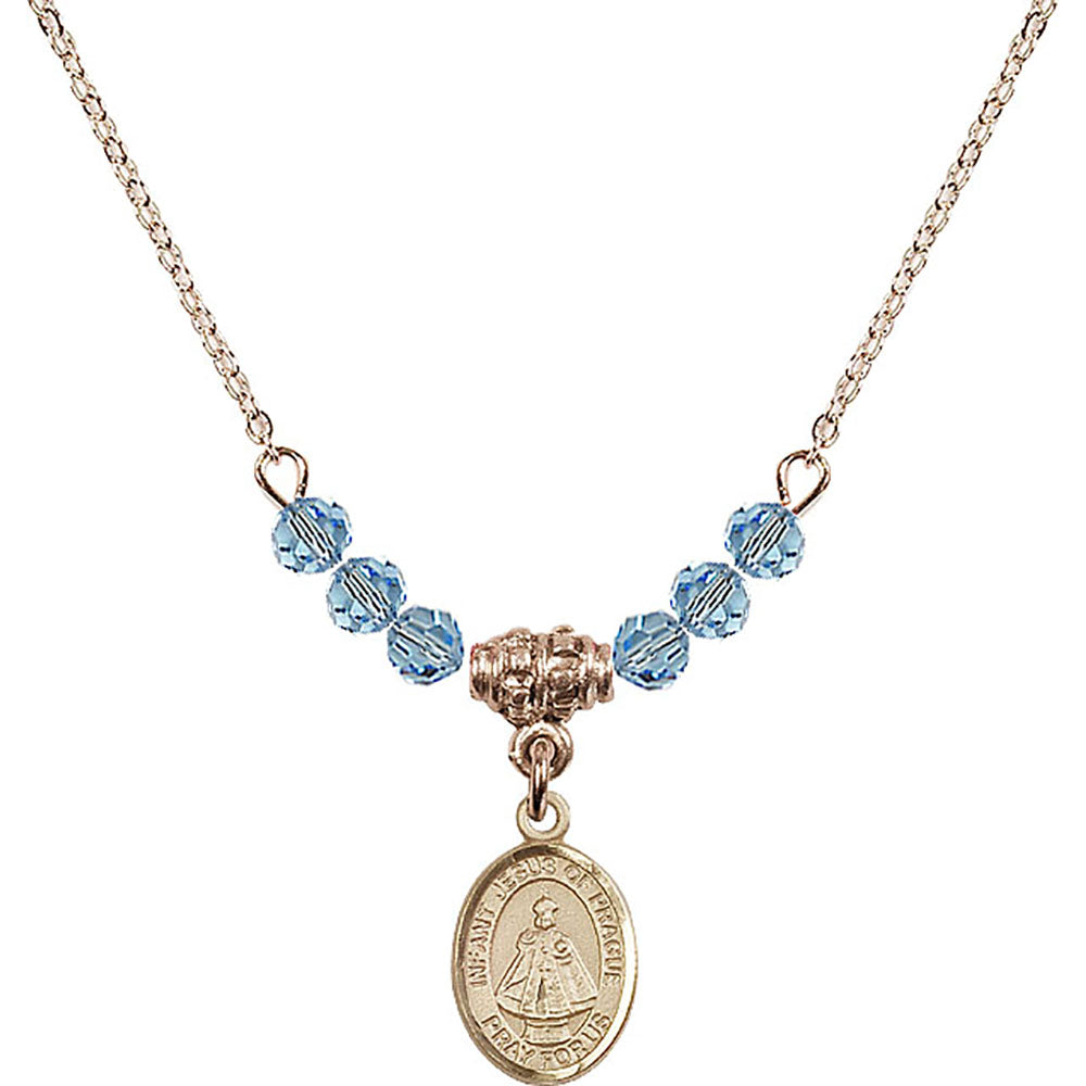 14kt Gold Filled Infant of Prague Birthstone Necklace with Aqua Beads - 9207