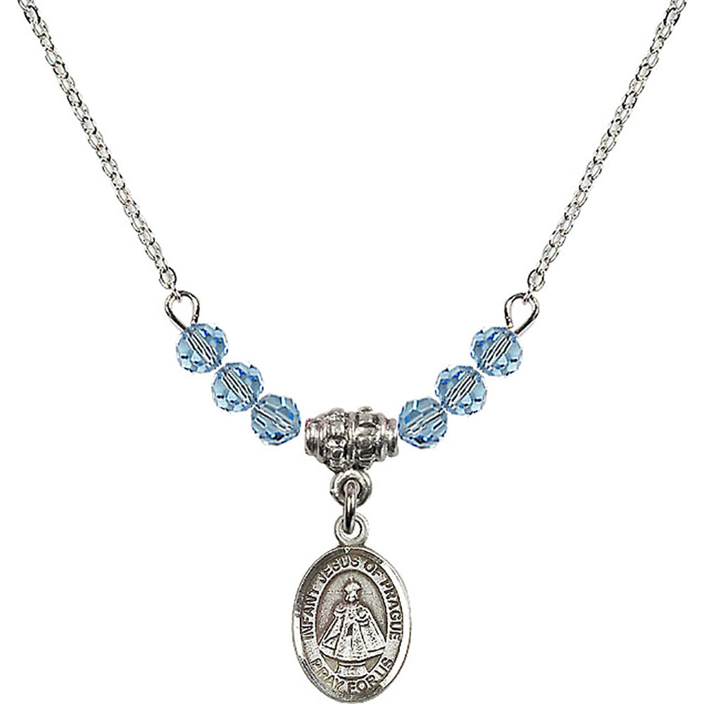 Sterling Silver Infant of Prague Birthstone Necklace with Aqua Beads - 9207
