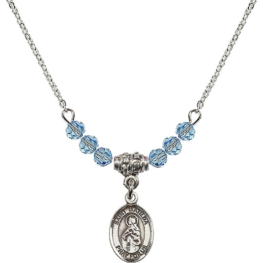 Sterling Silver Saint Matilda Birthstone Necklace with Aqua Beads - 9239