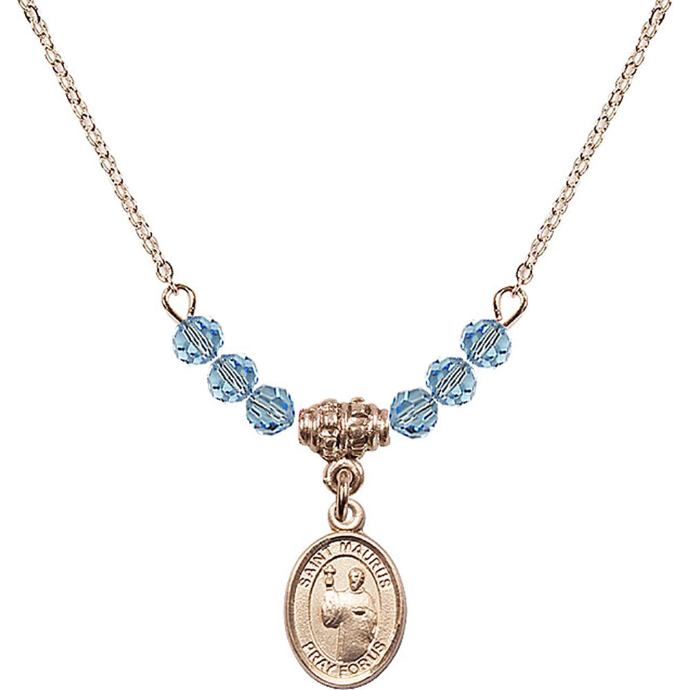 14kt Gold Filled Saint Maurus Birthstone Necklace with Aqua Beads - 9241