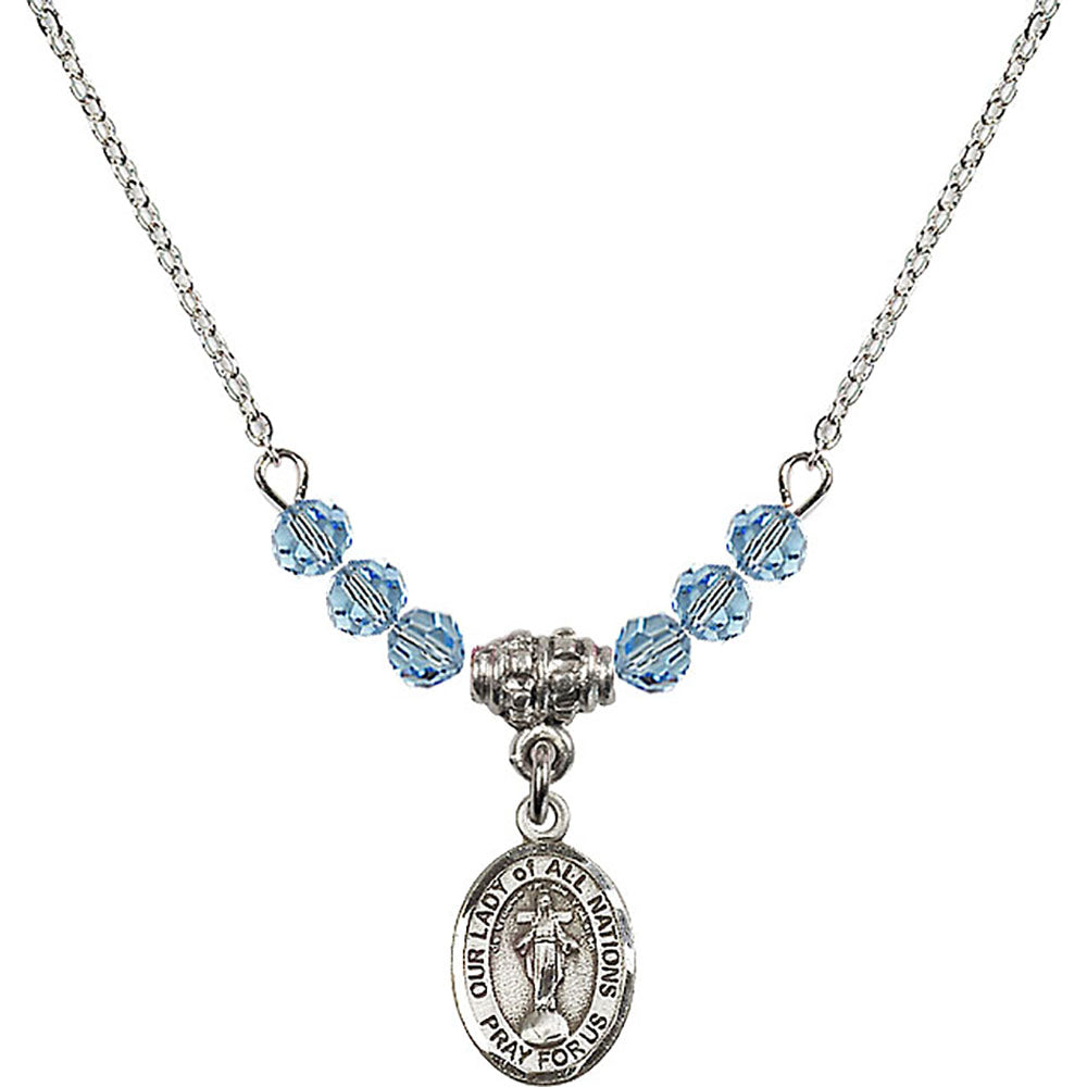 Sterling Silver Our Lady of All Nations Birthstone Necklace with Aqua Beads - 9242